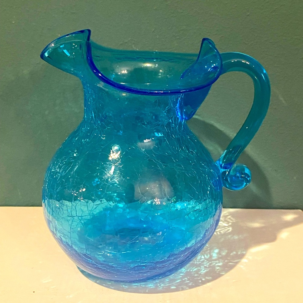 Beautiful 6” Tall Blue Crackle Glass Pitcher. Blown Glass